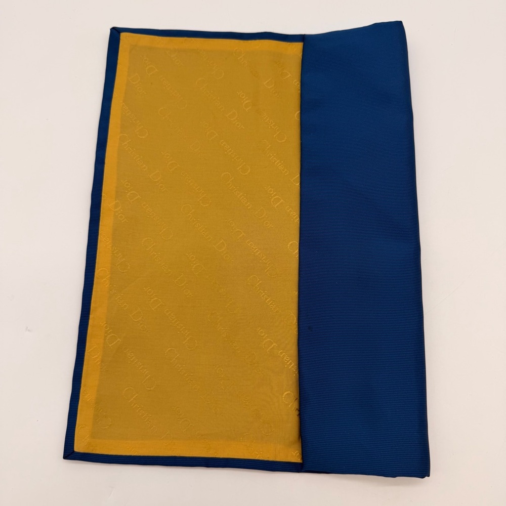 Vintage Christian Dior Silk Pocket Square Blue Gold Logo Handkerchief 10”